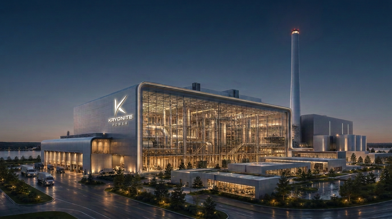 Full KRYONITE POWER KPAX glass-house resource recovery facility at twilight